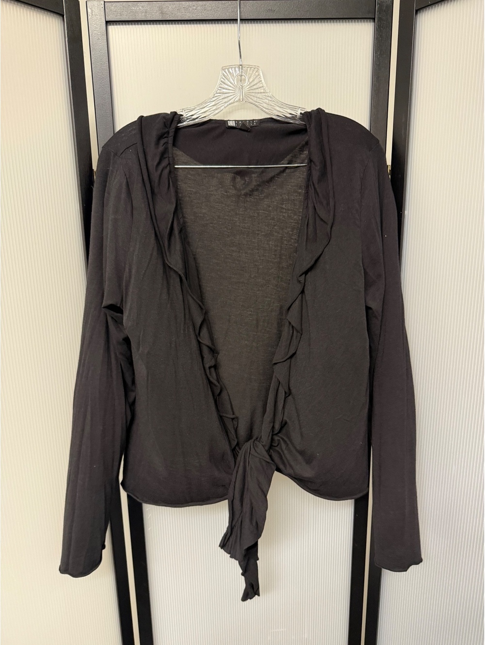 Vintage Y2K Carole Little Black Ruffle Tie-Front Cardigan Sheer • Size L